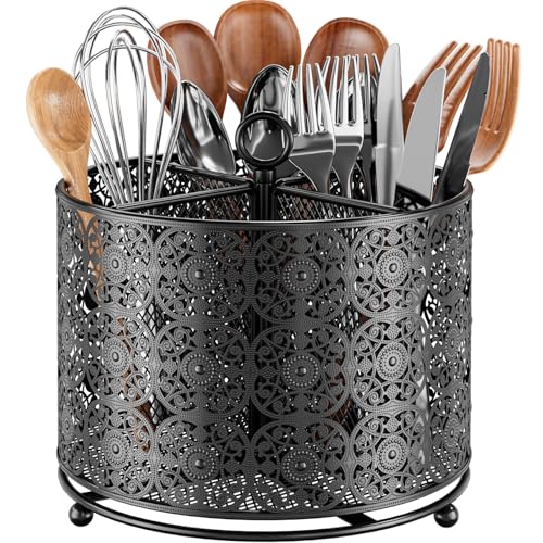 JANE EYRE Küchenutensilienhalter mit 4 Fächern –360°drehbarer Besteckhalter mit Blumenrand-Design, Behälter Aufbewahrung Edelstahl Utensilien-Organizer für Küchentheke & Arbeitsplatte, Schwarz von JANE EYRE