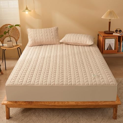 JANEMUA Weizengarbe Textur Atmungsaktiver Bettschutz Topper, Komfort Matratzenbezug Schutzkissen Mit Elastischen Bändern, Rutschfester Waschbarer Matratzenpolsterbezug-Khaki||120x200cm von JANEMUA