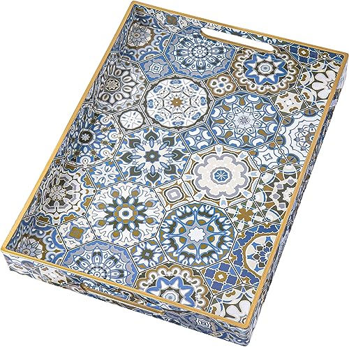 JANERIW Serviertablett mit Griffen Ottomane Tablett für Wohnzimmer, Moderne rechteckige Kunststoff große Couchtisch Tablett, Blau Boho dekorative Tablett von JANERIW