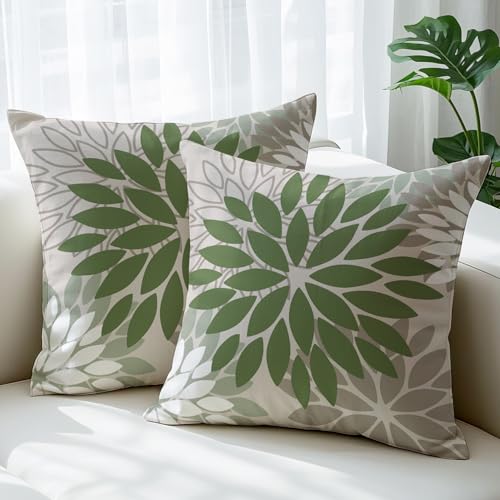 JANGYUHH 2er Set Kissenbezug 45x45 Modern Blumen Dekokissen Zweiseitiges Muster Grün Grau Dahlien Sofakissen Outdoor Kissen Leinen Dekorative Kissenbezüge für Sofa Garten Wohnzimmer Bett von JANGYUHH