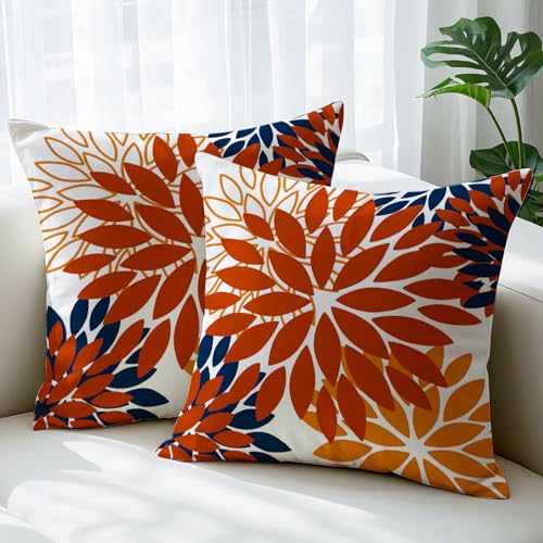 JANGYUHH 2er Set Kissenbezug 45x45 Modern Blumen Dekokissen Zweiseitiges Muster Orange Sofakissen Dahlien Outdoor Kissen Leinen Dekorative Kissenbezüge für Sofa Garten Wohnzimmer Bett von JANGYUHH