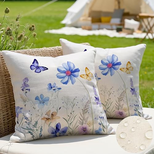 JANGYUHH 2er Set Outdoor Kissen 40x40 cm Kissenbezug Wetterfest Modern Farbe Blumen Dekokissen Sommer Blau Kissenbezüge für Garten Sofa Couch Wohnzimmer Schlafzimmer Doppelseitiges Muster Kissenhülle von JANGYUHH