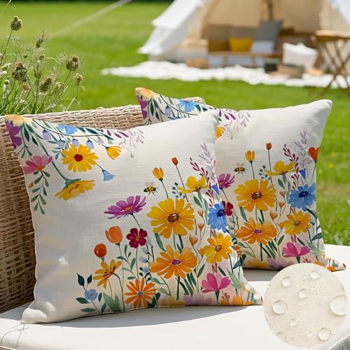 JANGYUHH 2er Set Outdoor Kissen 40x40 cm Kissenbezug Wetterfest Modern Farbe Blumen Dekokissen Sommer Gelb Kissenbezüge für Garten Sofa Couch Wohnzimmer Schlafzimmer Doppelseitiges Muster Kissenhülle von JANGYUHH