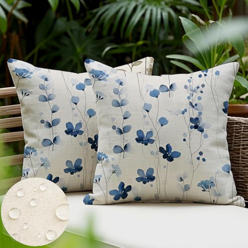 JANGYUHH 2er Set Outdoor Kissen Wetterfest Kissenbezug 40x40 cm Modern Blumen Dekokissen Sommer Kissenbezüge für Garten Sofa Couch Wohnzimmer Schlafzimmer Doppelseitiges Muster Blau von JANGYUHH
