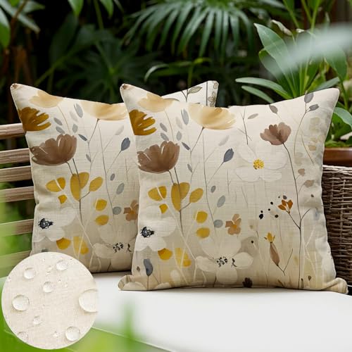 JANGYUHH 2er Set Outdoor Kissen Wetterfest Kissenbezug 40x40 cm Modern Blumen Dekokissen Sommer Kissenbezüge für Garten Sofa Couch Wohnzimmer Schlafzimmer Doppelseitiges Muster Braun von JANGYUHH