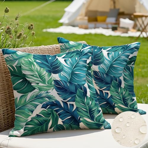 JANGYUHH 2er Set Outdoor Kissen Wetterfest Kissenbezug 40x40 cm Modern Blumen Dekokissen Sommer Kissenbezüge für Garten Sofa Couch Wohnzimmer Schlafzimmer Doppelseitiges Muster Monstera von JANGYUHH
