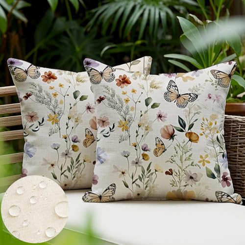 JANGYUHH 2er Set Outdoor Kissen Wetterfest Kissenbezug 50x50 cm Modern Blumen Dekokissen Sommer Kissenbezüge für Garten Sofa Couch Wohnzimmer Schlafzimmer Doppelseitiges Muster von JANGYUHH