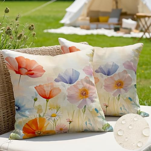 JANGYUHH 2er Set Outdoor Kissenbezug 45x45 cm Kissen Wetterfest Modern Blumen Dekokissen Sommer Kissenbezüge für Garten Sofa Couch Wohnzimmer Schlafzimmer Doppelseitiges Muster Rot von JANGYUHH