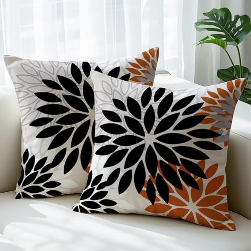 JANGYUHH Outdoor Kissenbezug 50x50 cm Modern Blumen Dekokissen Zweiseitiges Muster Schwarz Grau Dahlien Sofakissen Leinen Kissenbezüge Dekorative für Sofa Garten Wohnzimmer Bett Terrasse 2er Set von JANGYUHH