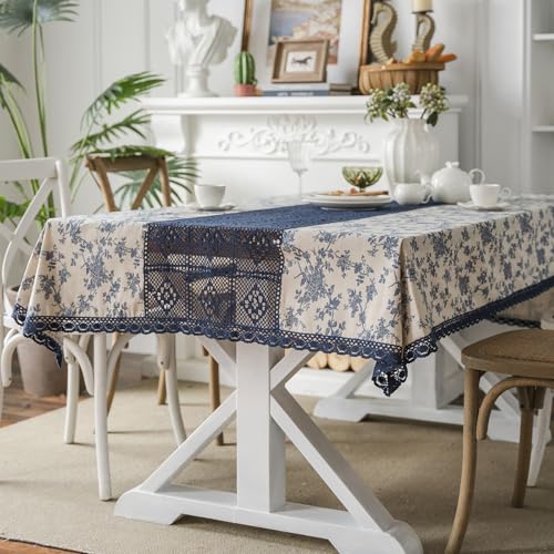 JANGYUHH Tischdecke Abwaschbar Boho Marine Blumen Mit Quasten Outdoor Baumwolle und Leinen Tischdecken 100x140 cm Tisch Deko Tischwäsche Dauerhaft Kratzfest für Wohnzimmer, Esszimmer, Garten von JANGYUHH