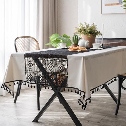 JANGYUHH Tischdecke Abwaschbar Boho Schwarz Retro Mit Quasten Outdoor Baumwolle und Leinen Tischdecken 100x140 cm Tisch Deko Tischwäsche Dauerhaft Kratzfest für Wohnzimmer, Esszimmer, Garten von JANGYUHH