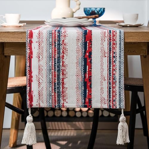 JANGYUHH Tischläufer Boho Deko Vintage Quasten Modern Home Decor Blau-Rote Rautenstreifen Waschbar Tisch Dekoration für Küche Kaffee Urlaub Partys Hochzeit 33x140 cm JANGYUHH Tischläufer Boho Deko Vintage Quasten Modern Home Decor Blau-Rote Rautenstreifen Waschbar Tisch Dekoration für Küche Kaffee Urlaub Partys Hochzeit 33x140 cm von JANGYUHH