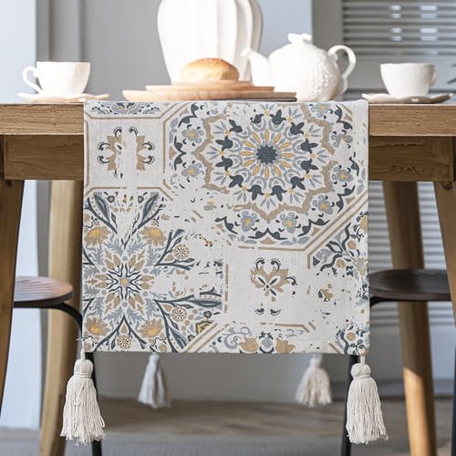 JANGYUHH Tischläufer Boho Vintage Deko Vier Quasten Home Decor Waschbar Tisch Dekoration für Küche Kaffee Urlaub Partys Hochzeit 33x180 cm von JANGYUHH