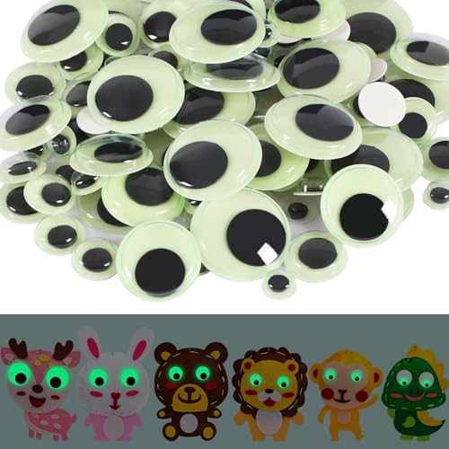 JANYUN Wackelaugen Selbstklebend,100 Stück Leuchtende Selbstklebende Wackelaugen Kunststoff Kulleraugen Selbstklebend für DIY Kunsthandwerk Aufkleber Dekoration 8-25mm von JANYUN