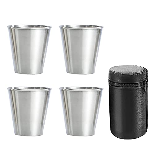 JANZU Schnapsbecher aus Edelstahl, 4 Stück, Schnapsgläser aus Metall, stapelbar, Hüftflasche mit Ledertasche, für den Außenbereich JANZU Schnapsbecher aus Edelstahl, 4 Stück, Schnapsgläser aus Metall, stapelbar, Hüftflasche mit Ledertasche, für den Außenbereich von JANZU
