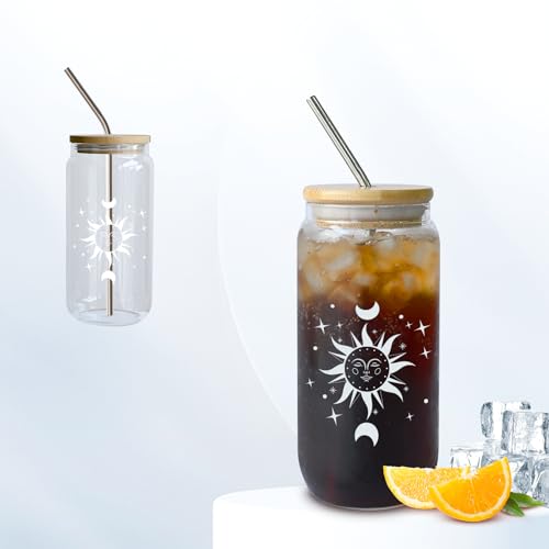 JAOBHAHY 16 0z Glasbecher mit Deckel und Strohhalm,Cocktailgläser Eiskaffee Gläser,Trinkgläser mit Bambusdeckel und Strohhalm,Ideal für Wasser, Cocktails, Whisky, Soda, Geschenke,Bier,Cocktails von JAOBHAHY