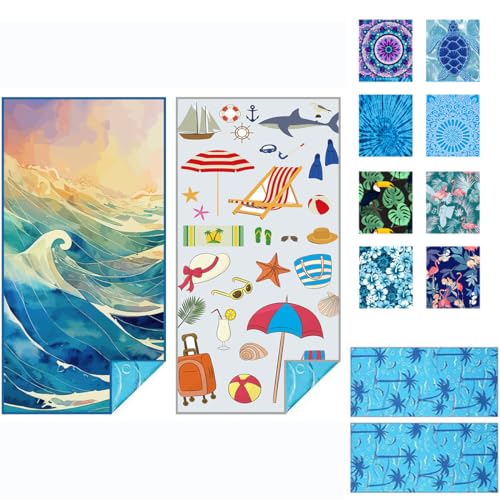 2 PCS Strandtuch Mikrofaser Beach Towel Badetuch Sandfrei XXL Schnelltrocknend Strandhandtuch Damen Groß Strandtücher Sommer Zubehör Handtuch Strand Mädchen Geschenke für Damen 180*90 Wave+Zubehör von JAODFK