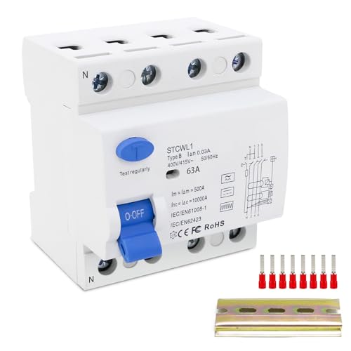 FI Schutzschalter Typ B, FI Schutzschalter 63A 30mA 4 Polig + DC 6mA, Fehlerstromschutzschalter, Allstromintensiv Schalter Automat Sicherung mit DIN Hutschiene für Wallboxen/Ladestationen zugelassen FI Schutzschalter Typ B, FI Schutzschalter 63A 30mA 4 Polig + DC 6mA, Fehlerstromschutzschalter, Allstromintensiv Schalter Automat Sicherung mit DIN Hutschiene für Wallboxen/Ladestationen zugelassen von JAOGAUS