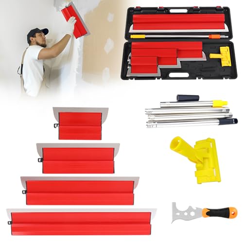 Flächenspachtel Set, Profi Flächenspachtelset im Koffer, 9 Arten Spachtel Werkzeug, Spachtel Werkzeug (25cm,40cm,60cm,80cm), Multifunktionsspachtel, Teleskopstange Zum Verputzen von Wänden und Decken von JAOGAUS