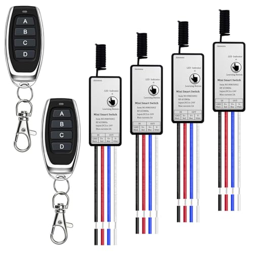 12v Funkschalter,4 Kanal Mini Funkschalter mit Fernbedienung, DC3.6-24V 5A Funk Relais Wandschalter,Kabelloser Lichtschalter mit 50m Long Range für Garagentor, Motor, Markise von JAOGAUS