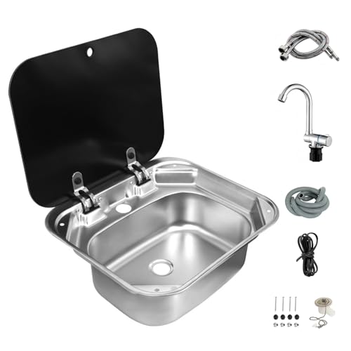 Wohnmobil-Spüle, tragbare Wohnmobil-Spüle mit Deckel, Edelstahl-Einzelschüssel, Handwaschbecken mit faltbarem Wasserhahn für Wohnmobil, Wohnwagen, Wohnmobil, Küche von JAOGAUS