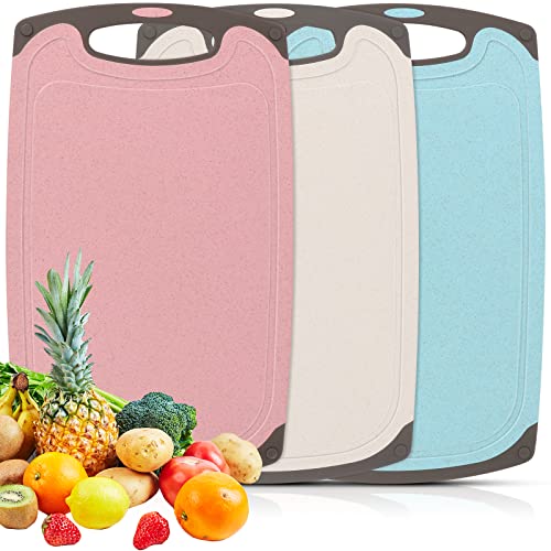 Schneidebrett 3er Set, Schneidebrett Antibakteriell und rutschfest Weizenstroh Schneidebrett Küchenbrett Frühstücksbrettchen Kunststoff für Obst/Gemüse/Fleisch, BPA-FREI (3 Farben) von JAOMON