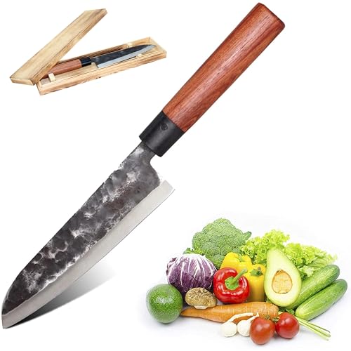Chef Küchenmesser 18 cm - Japanisches Messer mit gehämmerter Stahlklinge 2.5 mm HCR Härte 58 - Profi Messer Allzweck - Griff Palisander - Geschenkbox Holz von FISHTEC
