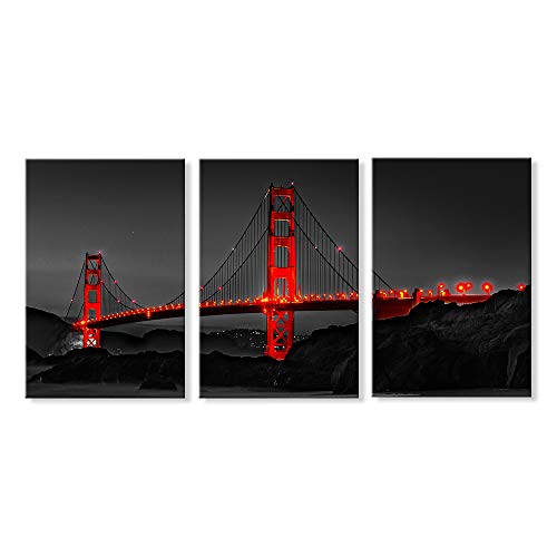 JAPO ART Kunstdruck auf Leinwand, Motiv Golden Gate Bridge San Francisco, Kalifornien, Schwarz/Weiß/Rot 20x28 Inchx3pcs Golden Gate Bridge Ii von JAPO ART