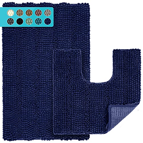 JARITTO Badezimmerteppich Set 2 Teilig rutschfest für Badewanne, Dusche und Badezimmer & Wc Vorleger mit Ausschnitt U-Förmige Waschbar Mikrofaser Saugfähig - 51 x 81 cm + 51 x 51 cm (Dunkelblau) von JARITTO
