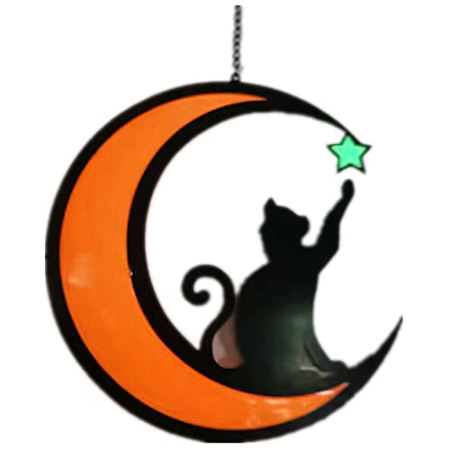 Schwarze Katze auf dem Mond, Metall-Fenster-Ornamente, gebeiztes Acryl, Sonnenf?nger, leuchtende Wandkunst-Dekorationen, leuchtet im Dunkeln, Halloween-Katze, Gedenkgeschenke, 19 cm von JARPSIRY