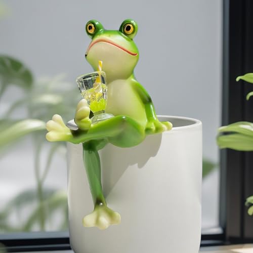 JARPSIRY Lustige trinkende Froschstatue Blumentopfhänger Resin Froschfigur Pflanzer Topf Dekorationen für Zuhause Garten Zaun Balkon Terrasse Rasen Hof Ornamente (Saft trinken) von JARPSIRY