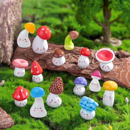 JARPSIRY Mini-Pilz-Figuren aus Kunstharz mit lächelndem Gesicht, niedliche kleine Miniatur-Pilz-Kuchendekoration, DIY-Moos-Landschaftsdekoration, Zuhause, Feengarten, Pflanztöpfe von JARPSIRY