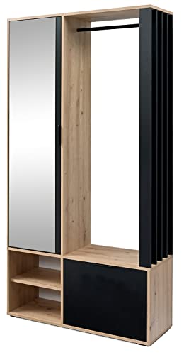 JARSTOL Fabryka Mebli Garderobe Milo I 189 x 100 x 33 cm mit Spiegel Kleiderstange Fächer Garderobeständer Kleiderständer Wandgarderobe Flur Diele Korridor Schrank (Eiche Artisan + Schwarz matt) von JARSTOL Fabryka Mebli
