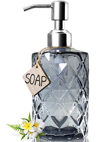 JASAI Diamond Design Glas Seifenspender mit 304 Rostfreier Edelstahl Seifenpumpe, 340 ml Küche Seifenspender für Badezimmer, Handseife, Geschirrseife (Grau) von JASAI