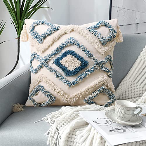 JASEN Dekorativer Boho-Kissenbezug, blau und beige, gewebt, getuftetufteter Kissenbezug mit Quasten, Bohemia-Kissenbezüge für Couch, Sofa, Schlafzimmer, Wohnzimmer, 45,7 x 45,7 cm von JASEN