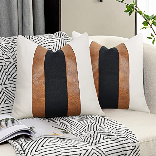 JASEN Schwarz und Weiß Leder Kissenbezüge Braun Kunstleder Dekorativer Kissenbezug Boho Modern Stripe Accent Kissenbezug Couch Bett Sofa von JASEN