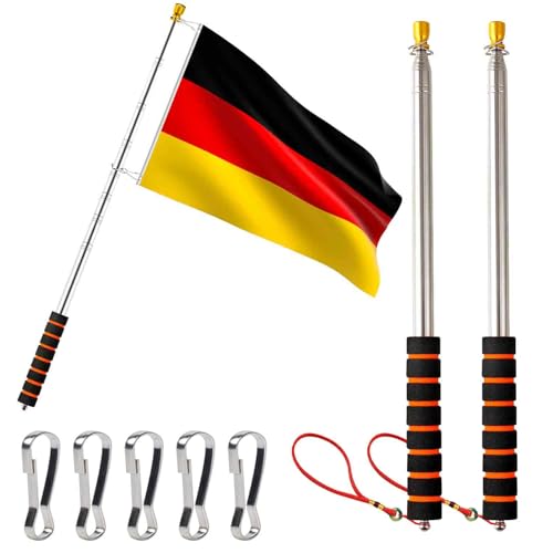 JASFLY 2 Stück Teleskop Fahnenstange 2.5M Tragbare Fahnenmast Handheld mit 5 Stücke Fahnenmast Clip Haken für Reiseleiter Camping Outdoor-Aktivitäten Unterricht von JASFLY