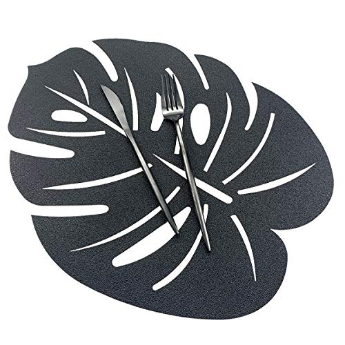 JASHII Gepresstes Vinyl Metallic Platzsets Isolierung Tischsets Tischsets PU Leder Fleck Set von 6 Stück Hochzeit Akzent Tafelaufsatz Blattform (Schwarz) von JASHII