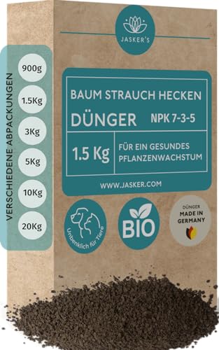 Baum-Dünger Strauch-Dünger & Hecken-Dünger Frühjahr 1.5 Kg - 100% Bio & Tierfreundlich Baum Strauch Heckendünger - NPK Dünger - Dünger für Bäume - Ideal für Liguster, Hainbuchen & Koniferen von JASKER'S