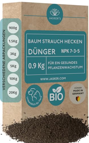 Baum-Dünger Strauch-Dünger & Hecken-Dünger Frühjahr 900 g - 100% Bio & Tierfreundlich Baum Strauch Heckendünger - NPK Dünger - Dünger für Bäume - Ideal für Liguster, Hainbuchen & Koniferen von JASKER'S