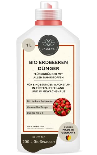 Bio Erdbeerdünger flüssig 1 L - 100% Bio-Dünger mit Vinasse & viel Kalium - Organischer Erdbeer Dünger - Obst-Dünger - Bio Beerendünger flüssig für Erdbeeren im Freiland & Kübel von JASKER'S