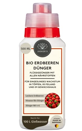 Bio Erdbeerdünger flüssig 500 ML - 100% Bio-Dünger mit Vinasse & viel Kalium - Organischer Erdbeer Dünger - Obst-Dünger - Bio Beerendünger flüssig für Erdbeeren im Freiland & Kübel von JASKER'S