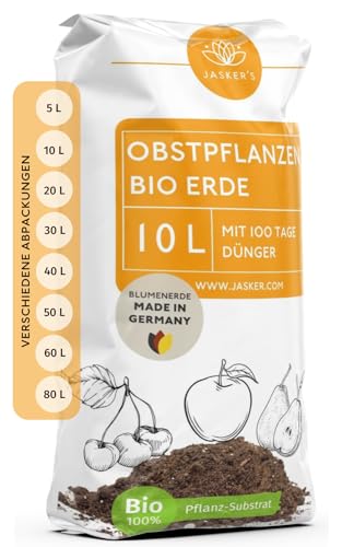 Bio Erde für Obstpflanzen & Obsterde 10 L - Pflanzerde mit 30% weniger Torf - Universalerde - Obst Erde - Erde für Apfelbaum, Kirschen und andere Obstbäume - Erde Garten von JASKER'S