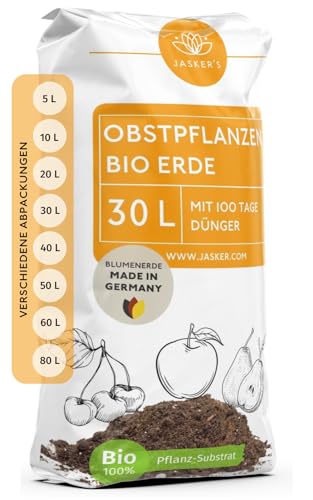 Bio Erde für Obstpflanzen & Obsterde 30 L - Pflanzerde mit 50% weniger Torf - Universalerde - Obst Erde - Erde für Apfelbaum, Kirschen und andere Obstbäume - Erde Garten von JASKER'S