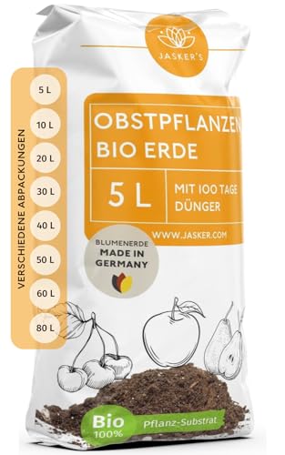 Bio Erde für Obstpflanzen & Obsterde 5 L - Pflanzerde mit 30% weniger Torf - Universalerde - Obst Erde - Erde für Apfelbaum, Kirschen und andere Obstbäume - Erde Garten von JASKER'S