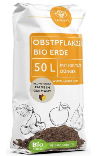 Bio Erde für Obstpflanzen & Obsterde 50 L - Pflanzerde mit 30% weniger Torf - Universalerde - Obst Erde - Erde für Apfelbaum, Kirschen und andere Obstbäume - Erde Garten von JASKER'S