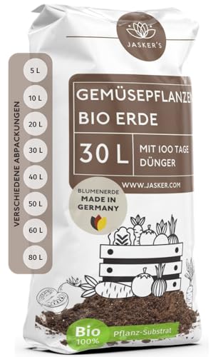 Bio Gemüseerde & Hochbeeterde für Gemüse 30 L - Bio Erde für Gemüsepflanzen mit 50% weniger Torf - Pflanzenerde mit organischem Dünger - Universalerde - Pflanzerde Gemüse von JASKER'S