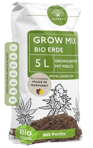 Bio Grow Erde 5 L - Substrat mit extra viel Perlite - Grow Bio Blumenerde lebenden Wurzelaktivator Mikroorganismen (Trichoderma) - Anzuchterde von JASKER'S