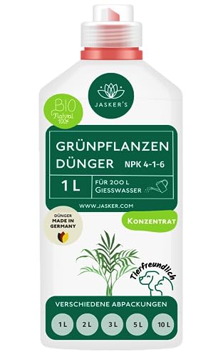 Bio Grünpflanzendünger flüssig 1 Liter - Konzentrat Dünger für Grünpflanzen - 100% Schnelldünger - Zimmerpflanzen-Dünger für 200 Liter Gießwasser - Grünpflanzen Dünger von JASKER'S