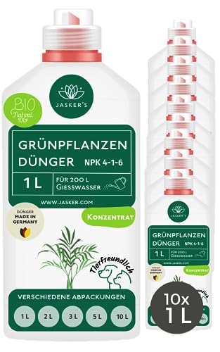 Bio Grünpflanzendünger flüssig 10 Liter (10x1L) - Konzentrat Dünger für Grünpflanzen - 100% Schnelldünger - Zimmerpflanzen-Dünger für 200 Liter Gießwasser - Grünpflanzen Dünger von JASKER'S